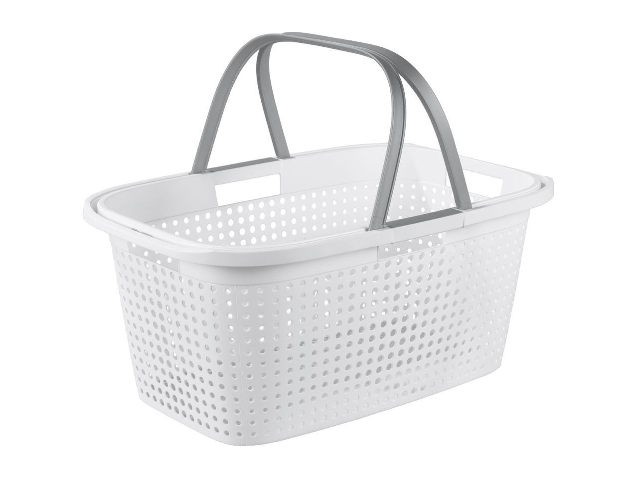 White plastic laundry basket with grey handles, featuring a perforated design.