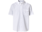 White short-sleeved button-down shirt with a textured fabric and a chest pocket.