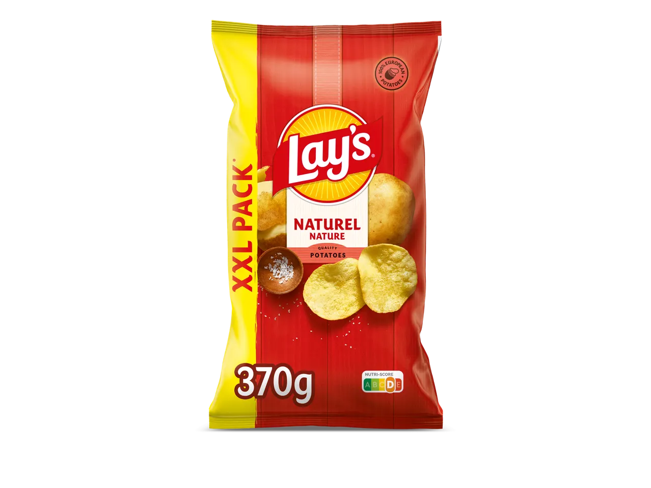 Lay's Naturel chips in een rode XXL-verpakking van 370g met Nutri-Score C.