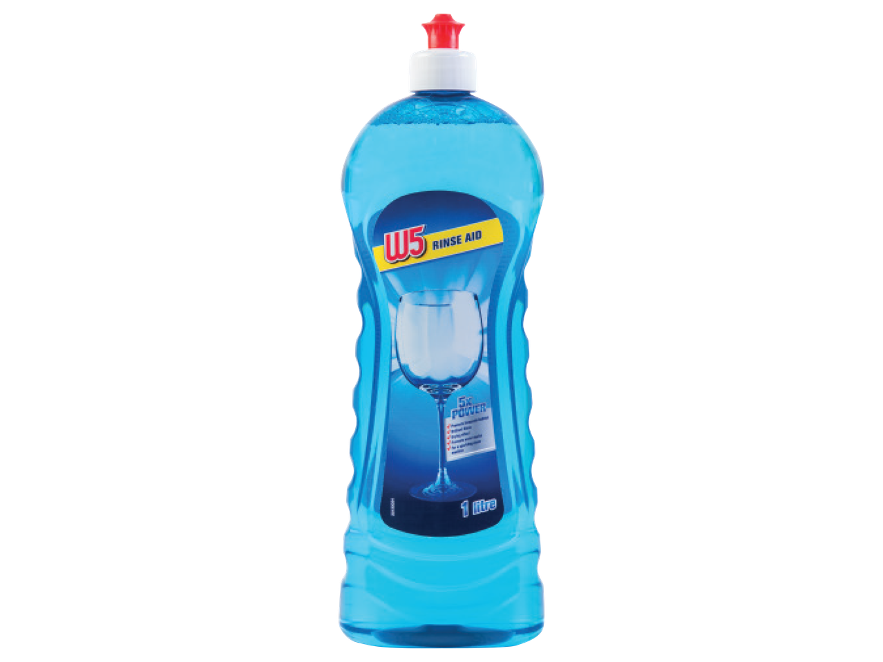 W5 loputusvahendi pudel, sinine vedelik ja klaasipilt etiketil.