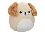 A beige dog plush toy with brown floppy ears, black eyes, and a pink tongue.