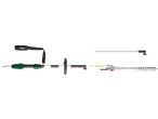A disassembled long-reach hedge trimmer with a shoulder strap, motor unit, extension pole, and cutting head.