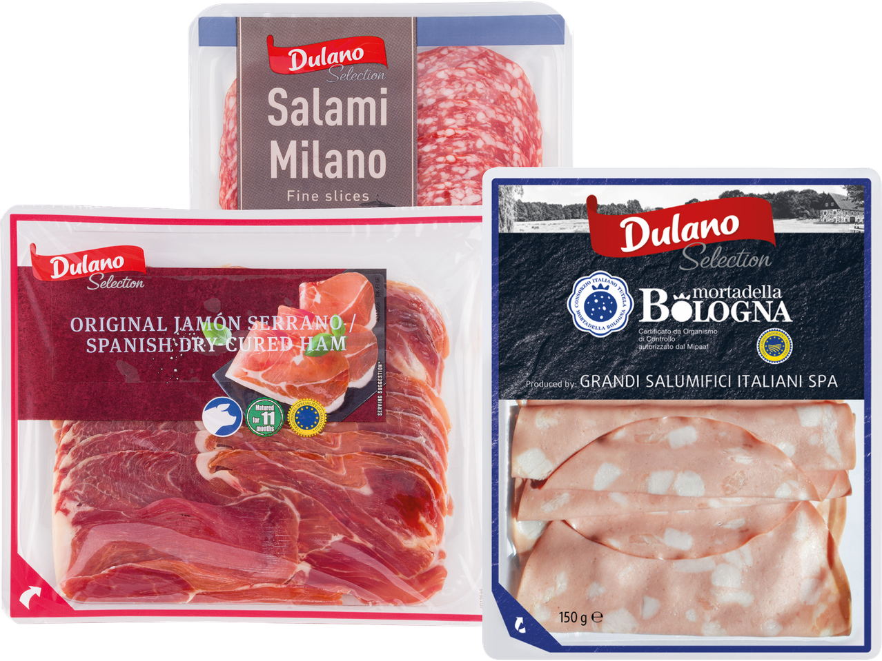 Serranoskinka, Mortadella Bologna, Salami Milano i förpackningar