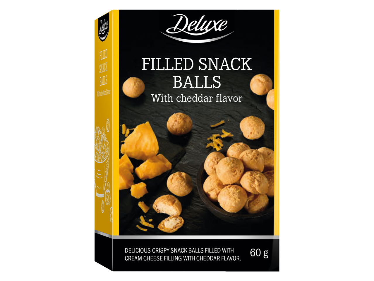 Deluxe: Traškūs užkandžių rutuliukai su čederio skoniu.