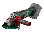Cordless angle grinder with a cutting disc, side handle, and battery pack.
