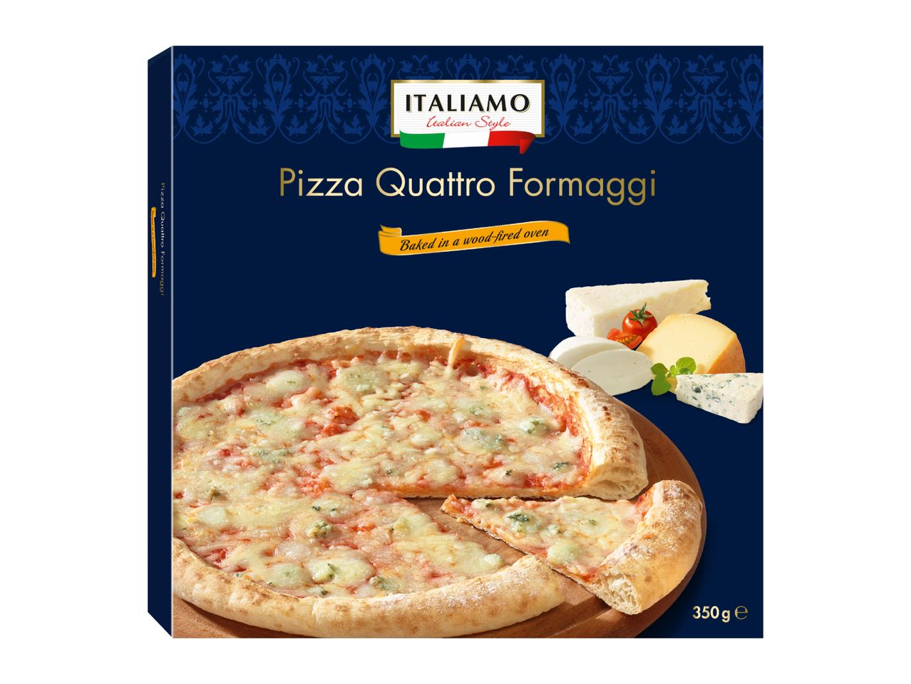 Box of Quattro Formaggi pizza, baked in a wood-fired oven, with a slice removed, showing various cheeses.