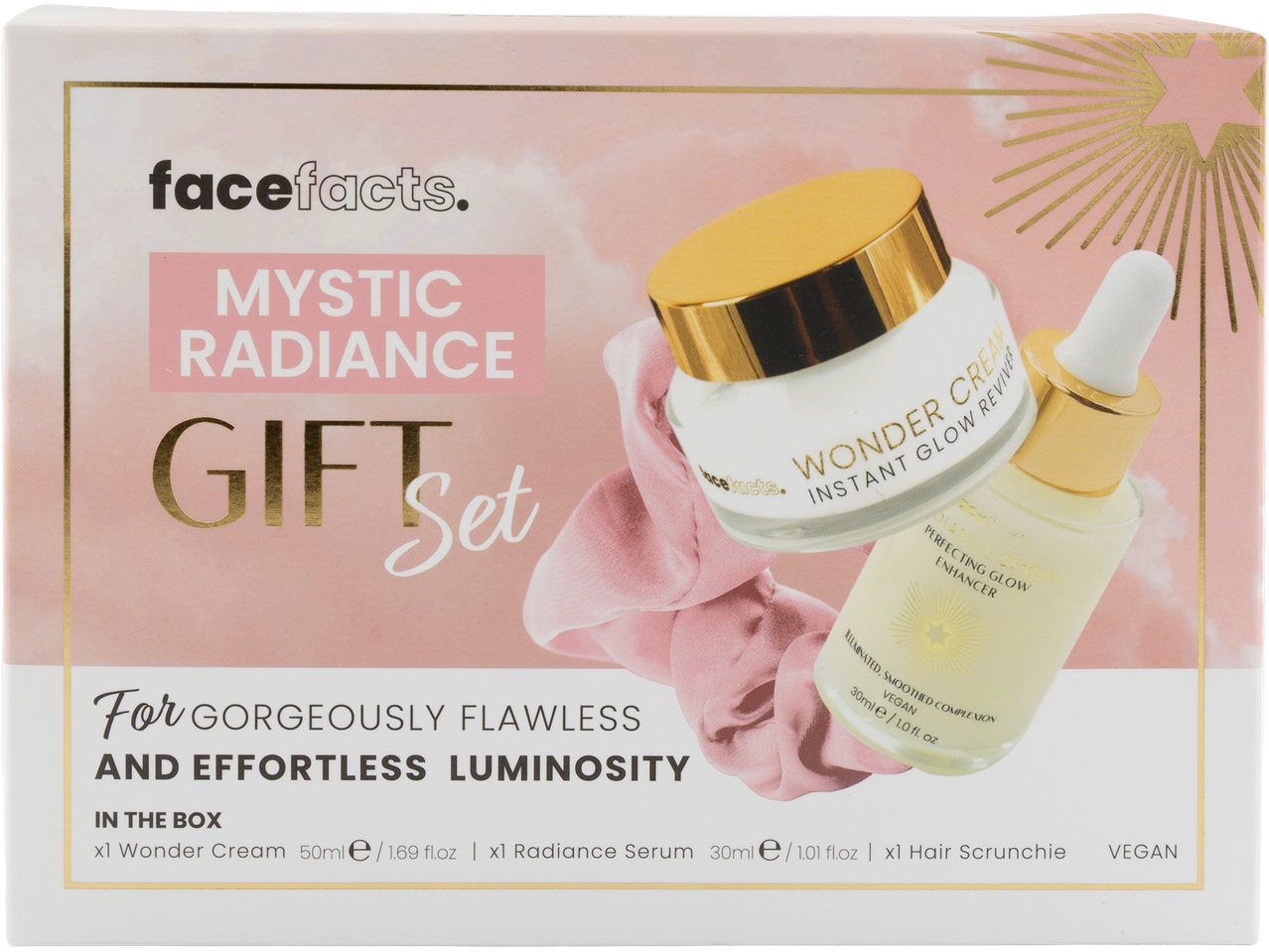 Facefacts Mystic Radiance Gift Set with Wonder Cream, Radiance Serum, and hair scrunchie.