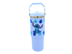 Light blue tumbler with Stitch character and tropical leaves