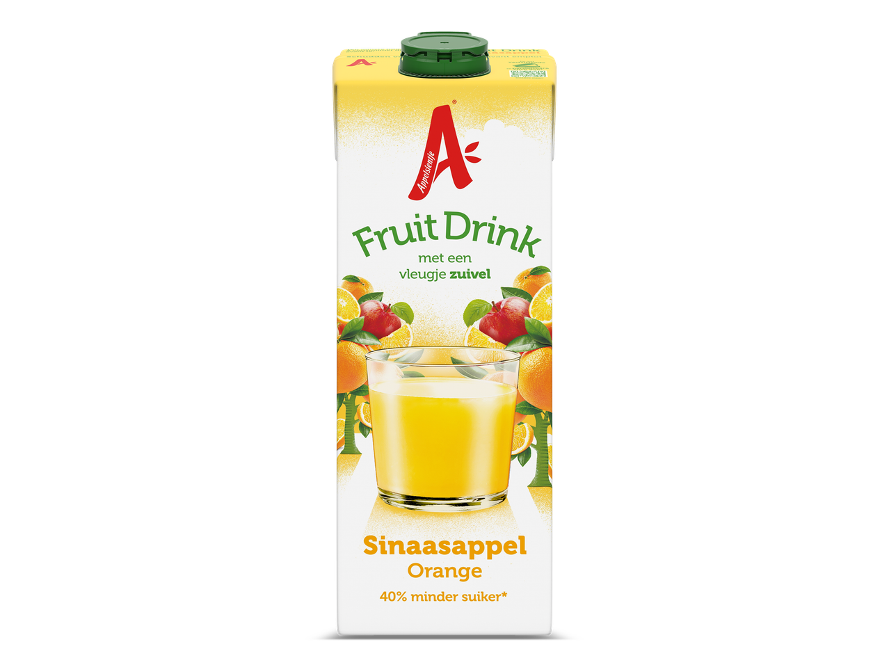 Een pak sinaasappelsap met een glas sap en fruit, met de tekst 'Fruit Drink' en '40% minder suiker'.