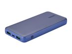 En blå Tronic powerbank med USB-porte og en tænd/sluk-knap.