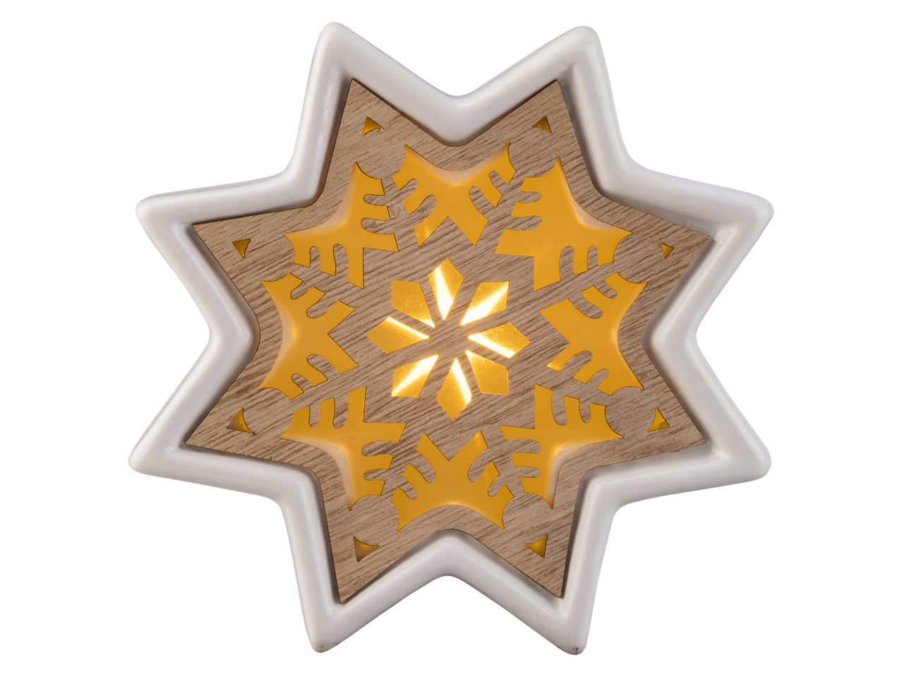 Livarno Home valgustatud täht puidust ja valgest keraamikast, väljalõigatud lumehelbe mustritega.