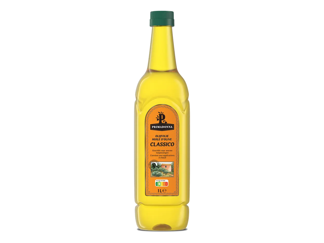Fles olijfolie Classico, geschikt voor warme toepassingen, met Nutri-Score A en 1 liter inhoud.