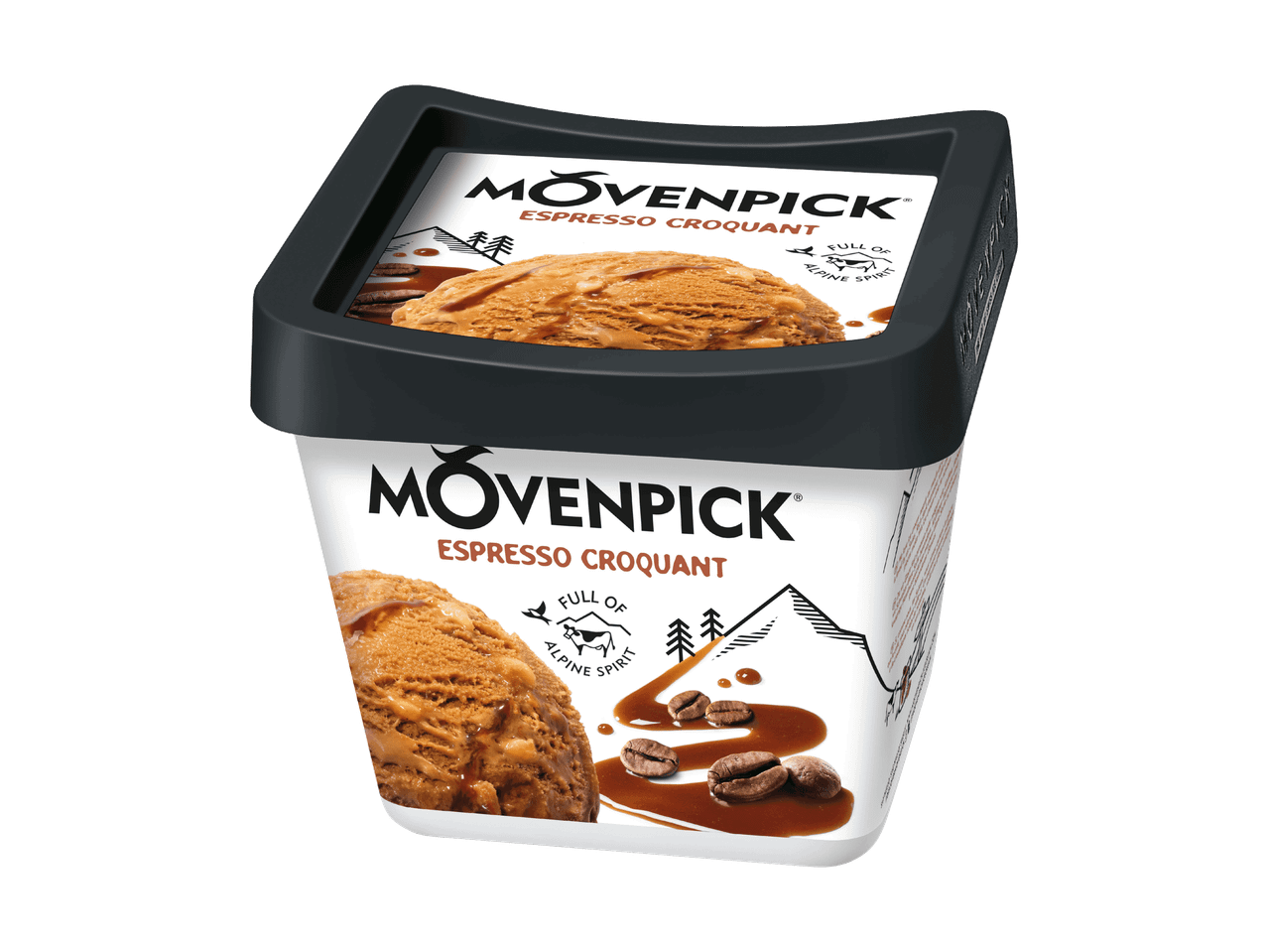 Espresso-Eiscreme mit Krokant in einem Becher, verziert mit Kaffeebohnen und Karamell.