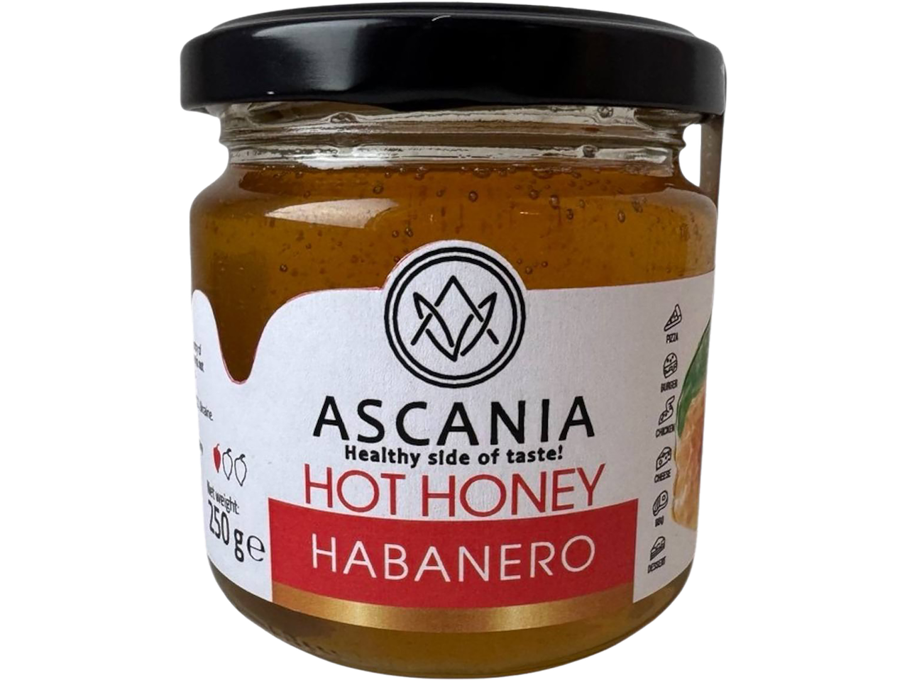 Ascania Habanero aštrus medus, 250g, su picos, mėsainių, vištienos, sūrio ir desertų piktogramomis.