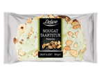 Deluxe Nougat Taartstuk Pistache, een lichtgroene noga reep met noten in een doorzichtige verpakking.