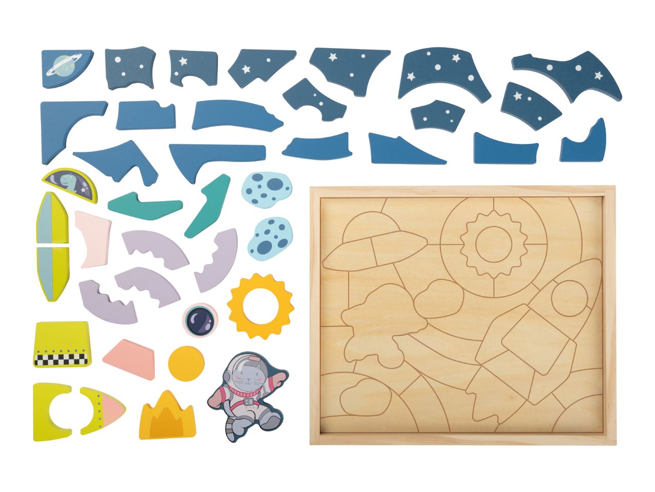 A space-themed wooden puzzle with various shaped pieces and a wooden board.