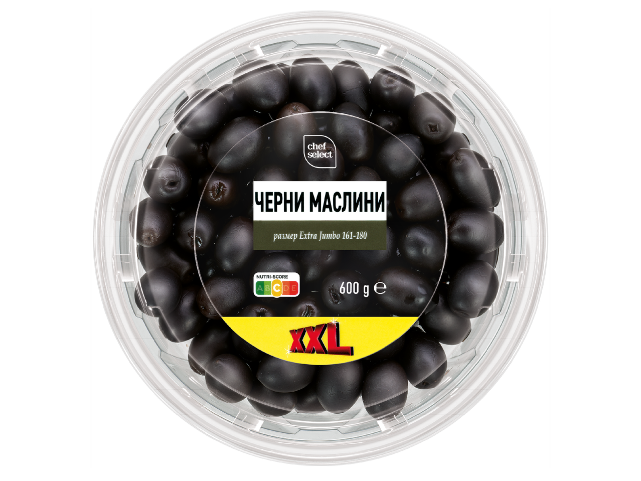 Опаковка черни маслини с надпис 'ЧЕРНИ МАСЛИНИ размер Extra Jumbo 161-180', '600 g e' и 'XXL'.
