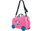 Pink kids' ride-on suitcase with Peppa Pig and toucan design, blue wheels, and shoulder strap.