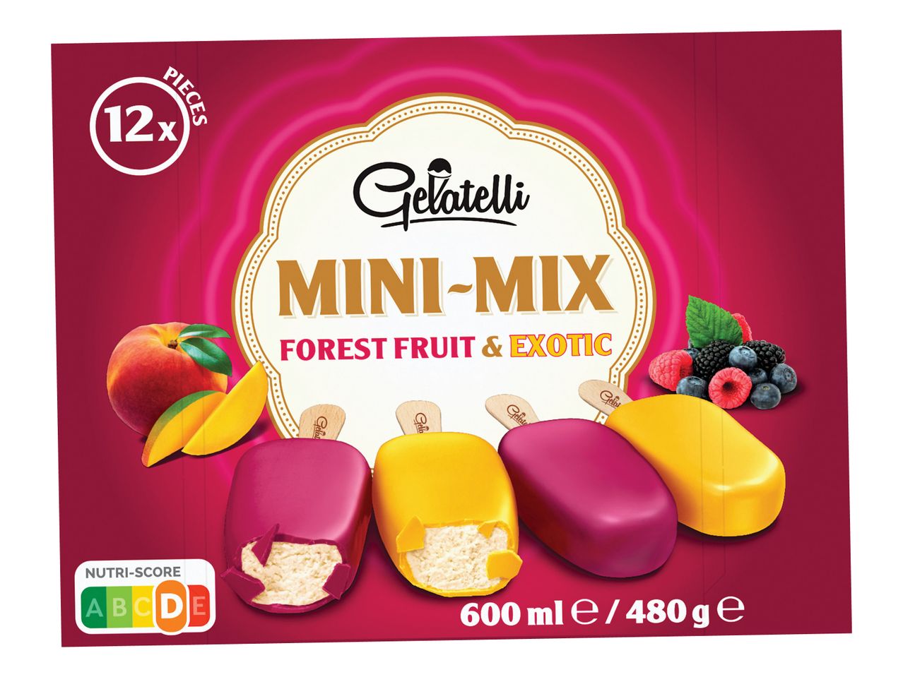 Škatla sladolednih lučk Gelatelli Mini-Mix z okusom gozdnih sadežev in eksotičnega sadja.