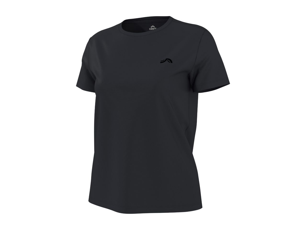 Black short-sleeved women's sports t-shirt with a small logo on the chest.