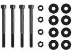 Комплект от четири черни болта, четири гайки и осем шайби на черен фон.