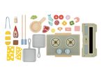 A collection of wooden toy kitchen accessories, including a stove, pans, food items, and utensils.