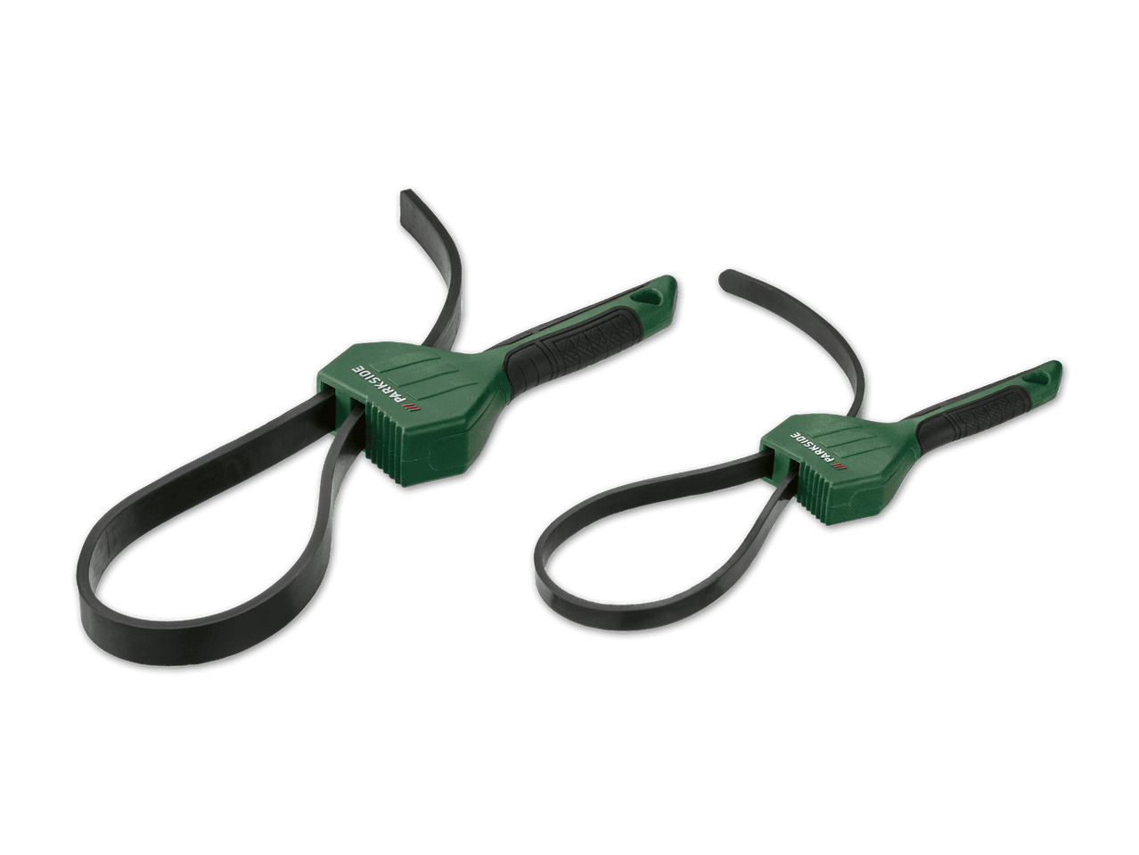 Zwei grüne Bandschlüssel mit schwarzen Gummibändern in verschiedenen Größen.