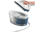 Philips Steam Generator iron with station, held by a hand, on a black background.