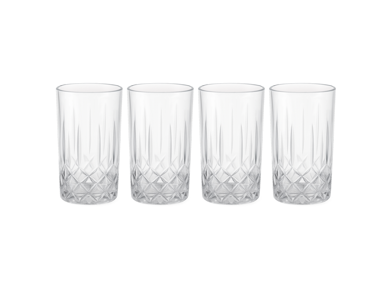 Keturi Silvercrest® Longdrink/Whisky stikliniai su raižytu raštu.