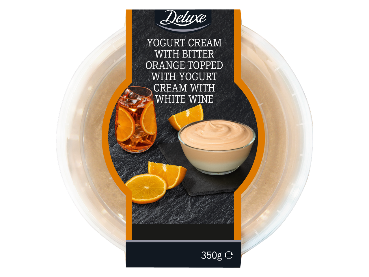Cremă de iaurt Deluxe cu portocală amară, acoperită cu cremă de iaurt și vin alb.