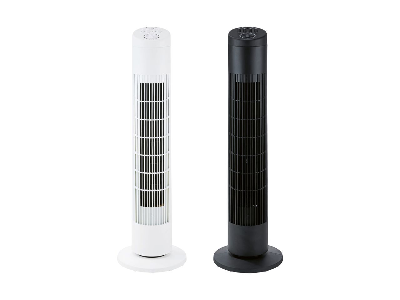 To tårnventilatorer, en hvid og en sort, med kontrolpaneler på toppen.