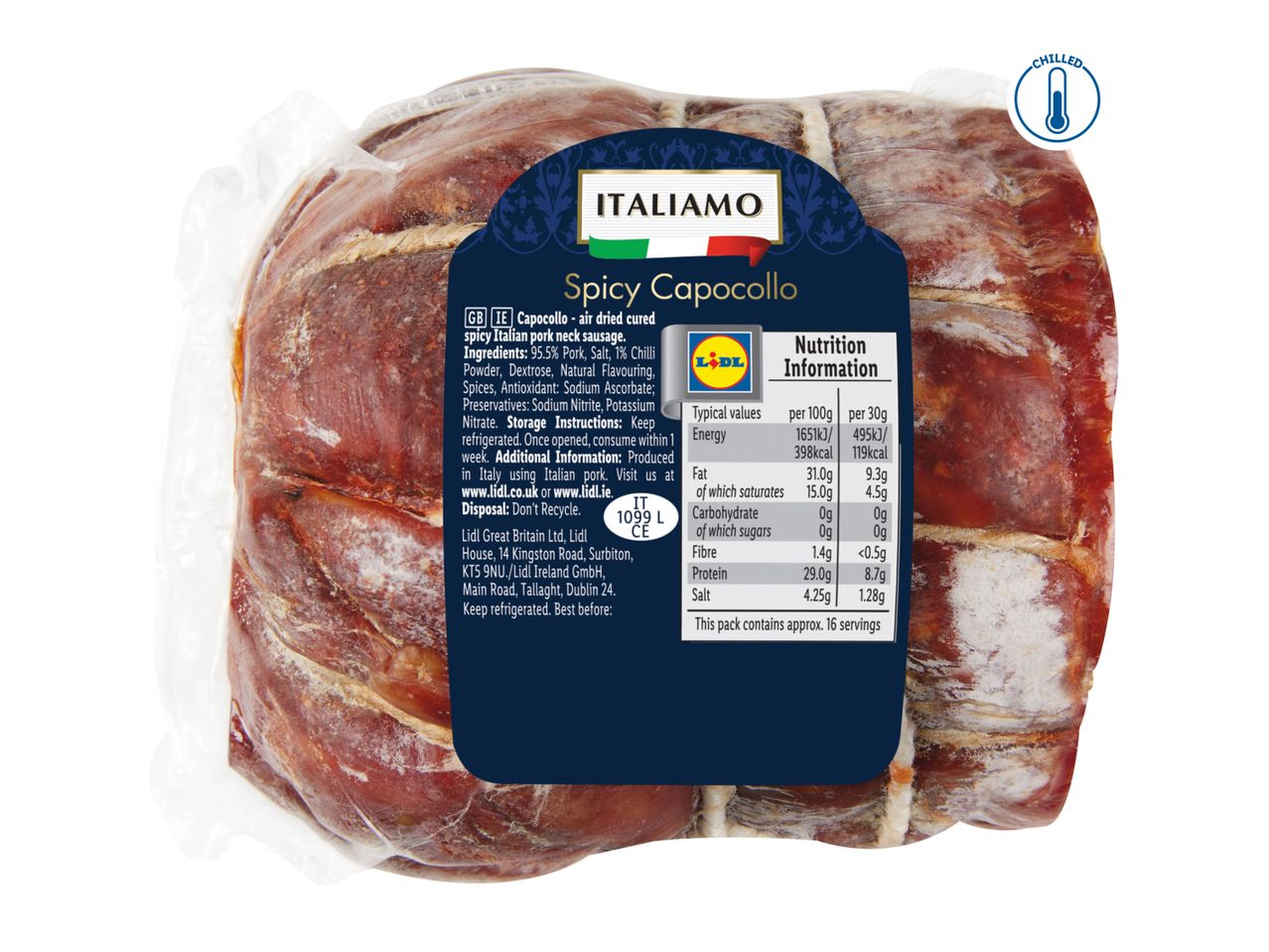 Lidl Italiamo Spicy Capocollo, air-dried cured Italian pork neck sausage, with nutrition information.