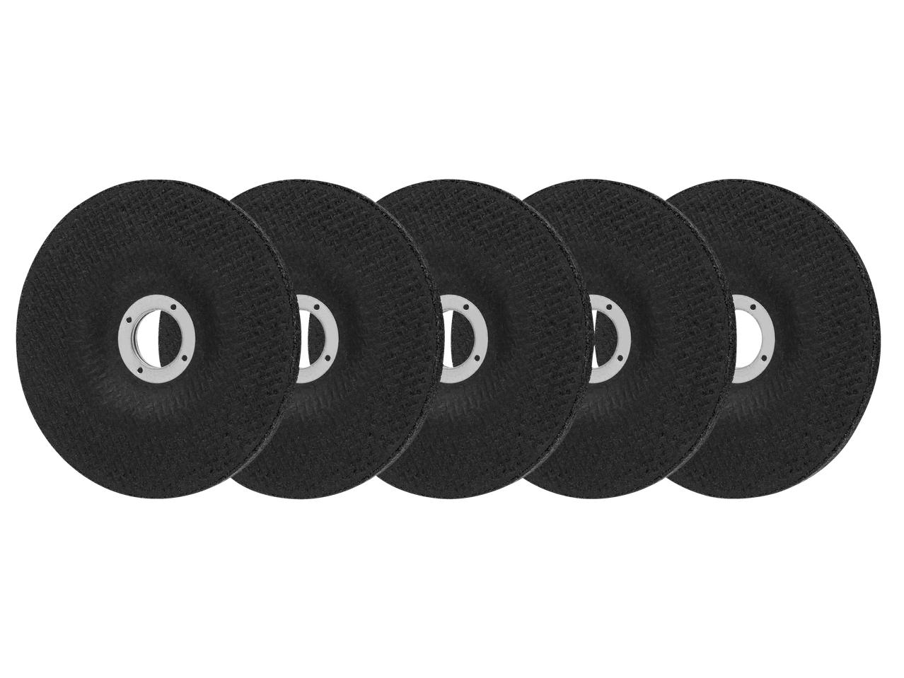Five black PARKSIDE® angle grinder cutting discs on a black background.