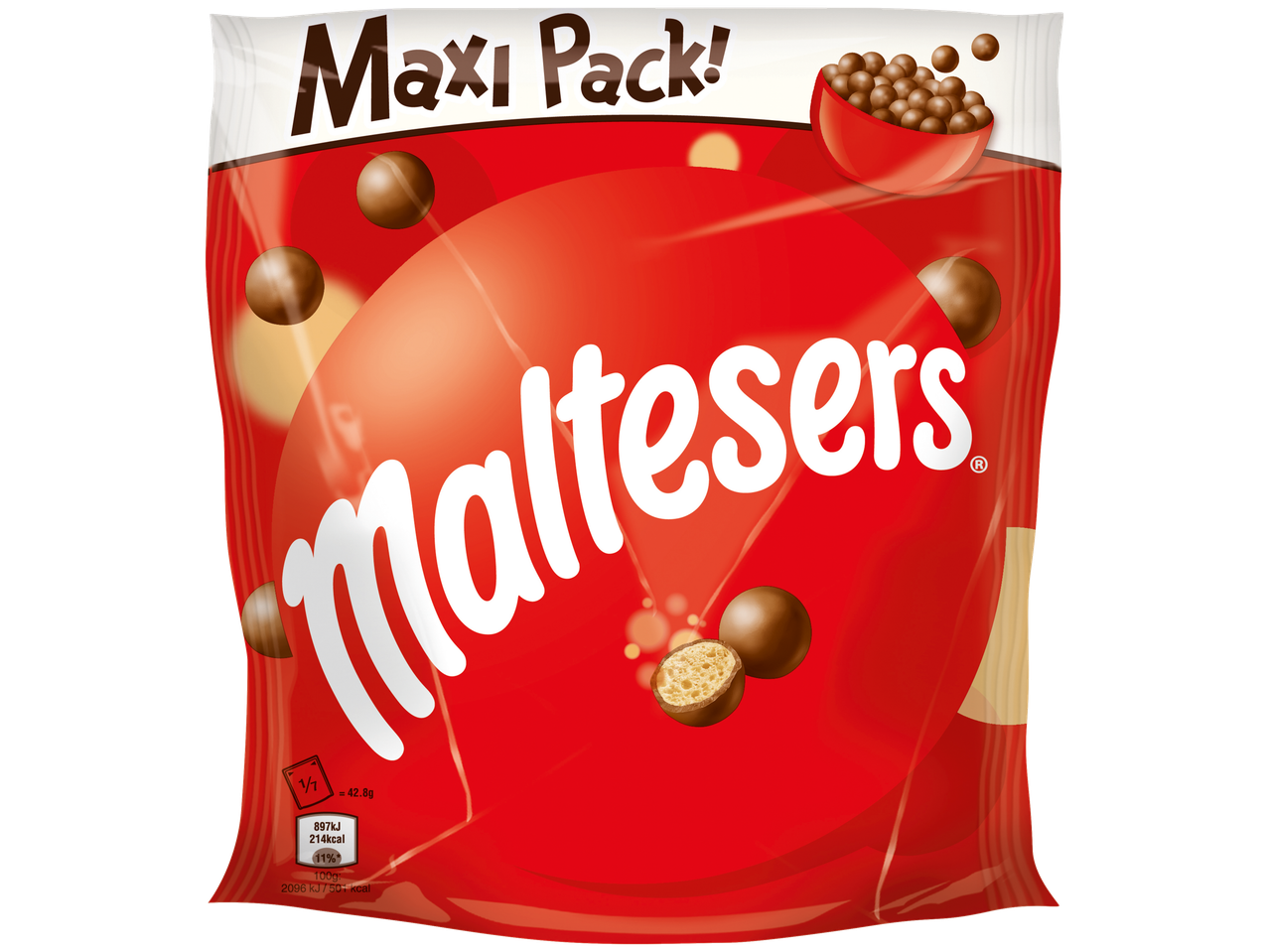 Eine Maxi-Packung Maltesers Schoko-Kugeln.