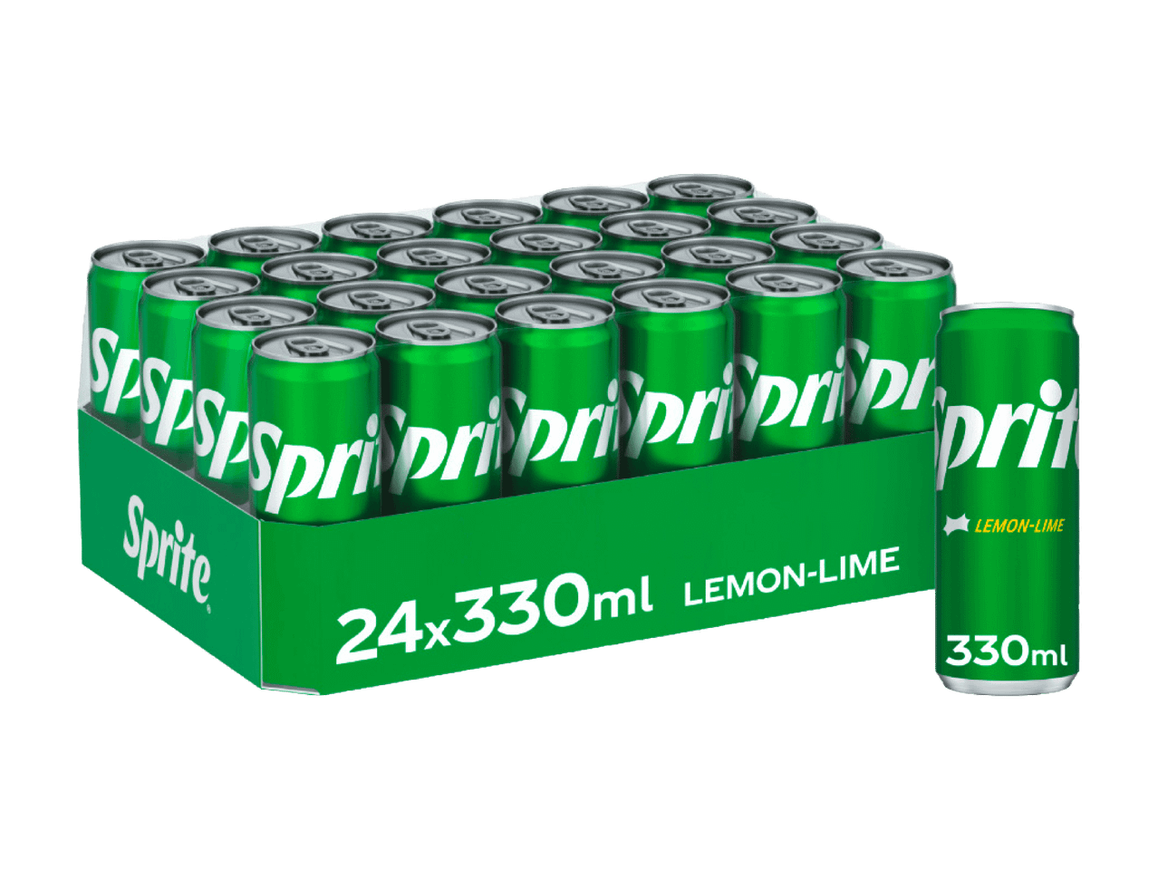 Ein 24er-Pack 330-ml-Zitronen-Limetten-Limonadendosen, mit einer einzelnen Dose daneben.