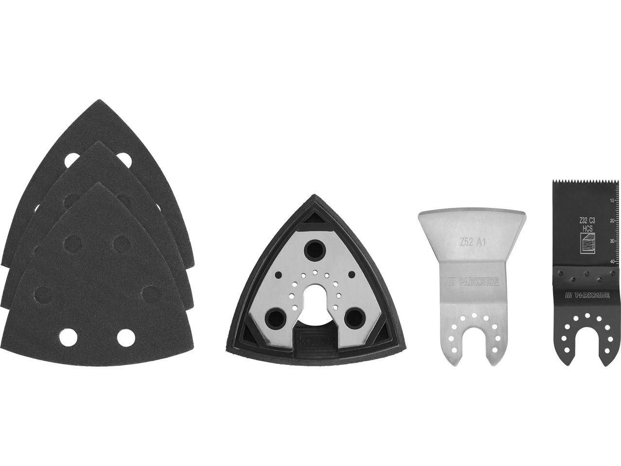 A set of sanding pads, a sanding plate, and two oscillating tool blades.