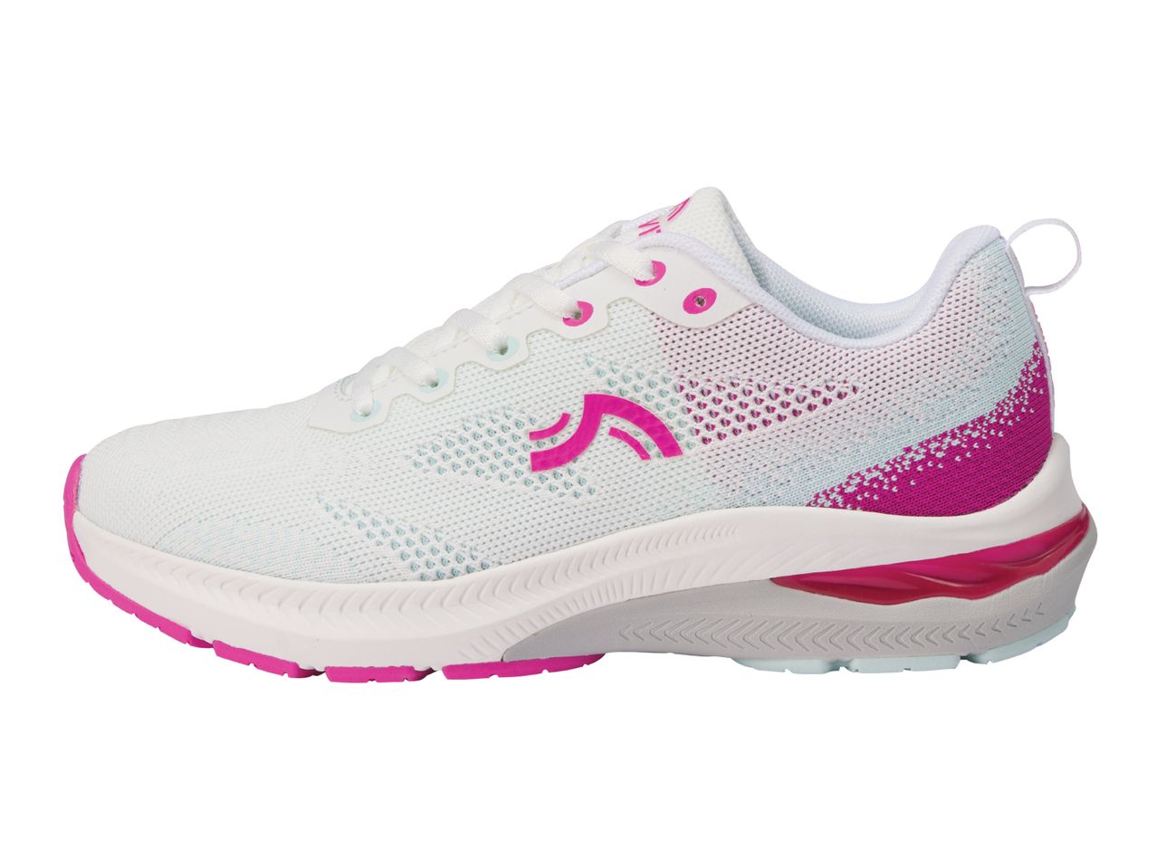 White and pink athletic shoe with a prominent logo on the side.