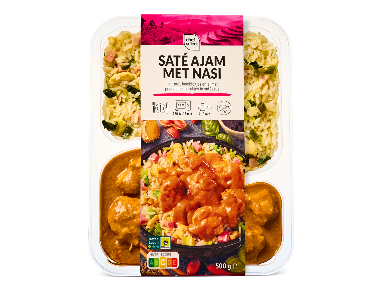 Kant-en-klare maaltijd met saté ajam en nasi, inclusief bereidingsinstructies en Nutri-Score.