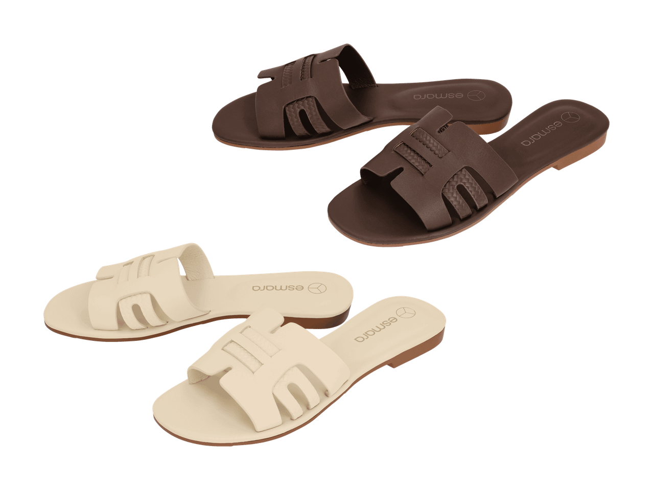Deux paires de sandales plates marron et crème pour femmes avec des brides tressées.