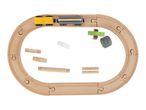 Wooden toy train set with an oval track, a yellow engine, and a grey wagon.
