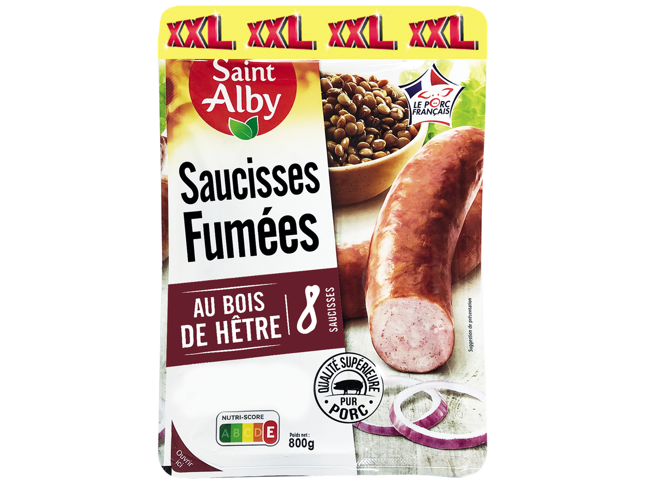 Paquet de saucisses fumées au bois de hêtre, avec un Nutri-Score D et un poids net de 800g.