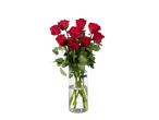 Um buquê de rosas vermelhas em um vaso de vidro.
