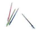 Three colorful gel pens and one black ink pen lay on a white background.