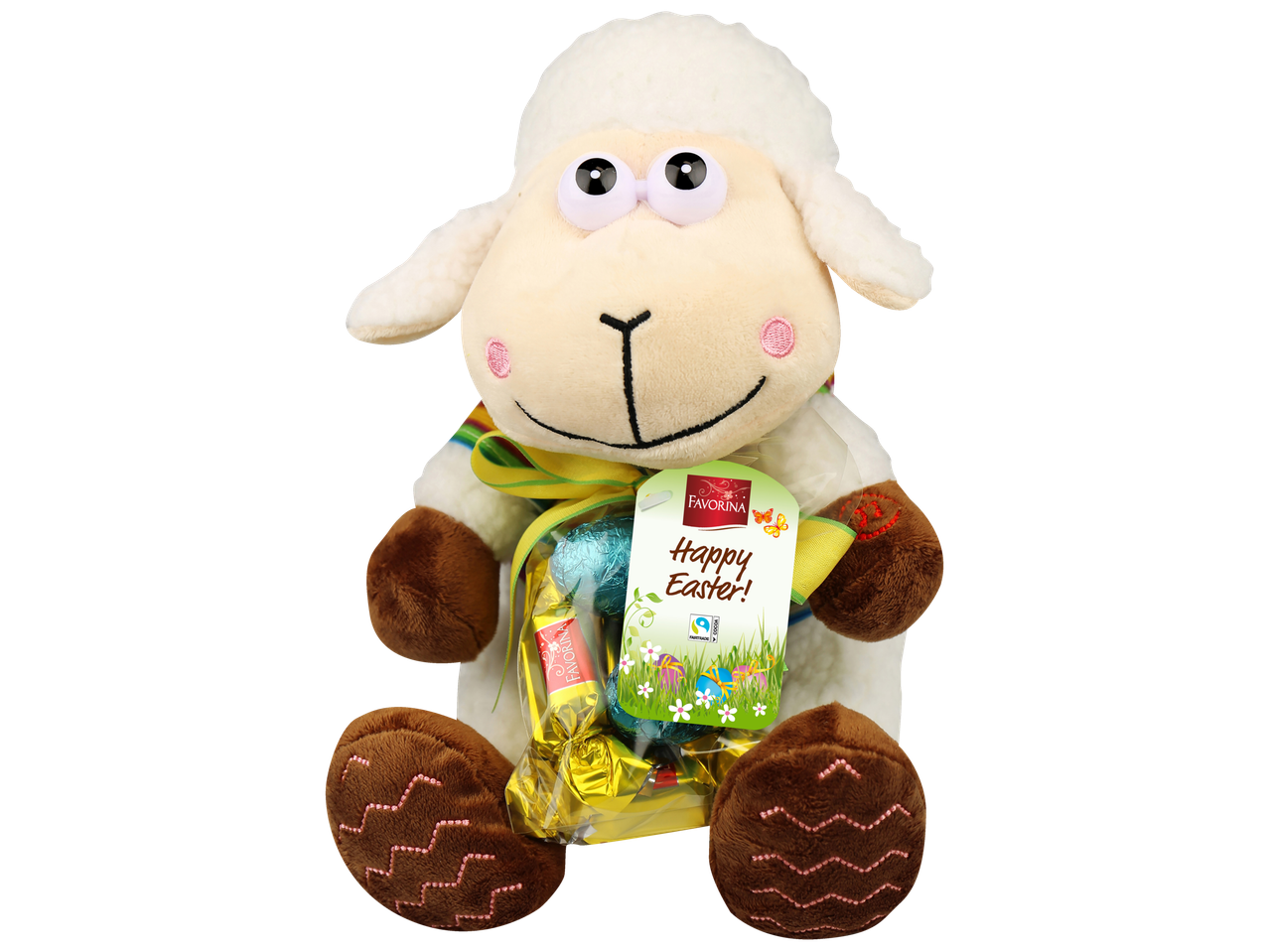 Favorina plüüšlammas sildiga 'Happy Easter!' ja šokolaadimunadega