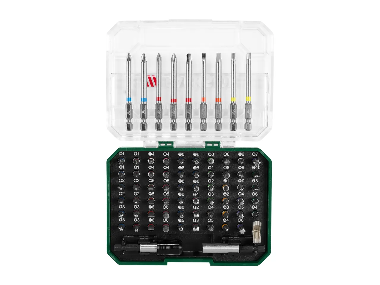 Open screwdriver bit set with various bits and adapters in a green and clear plastic case