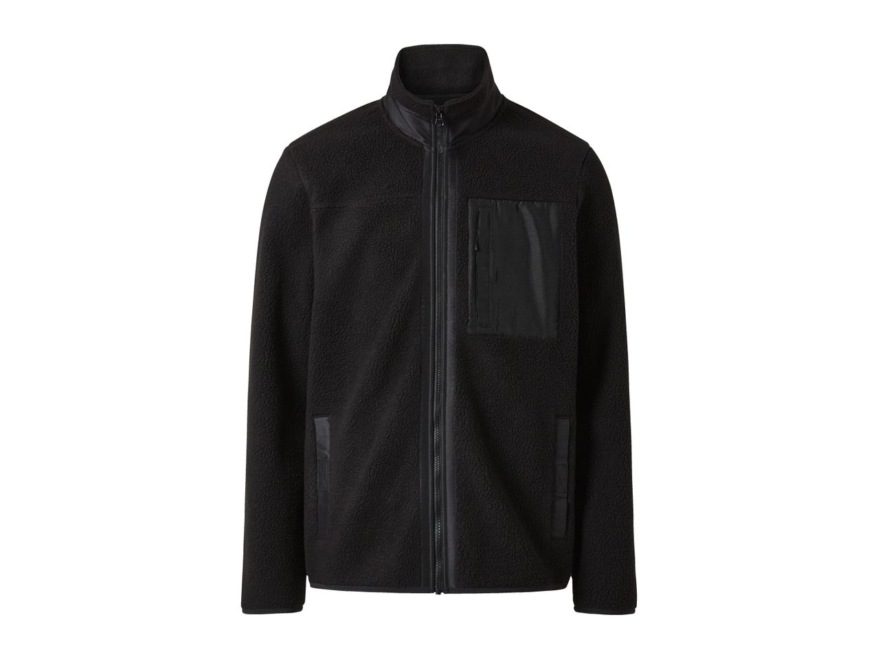 Black fleece jacket with a stand-up collar and zippered pockets