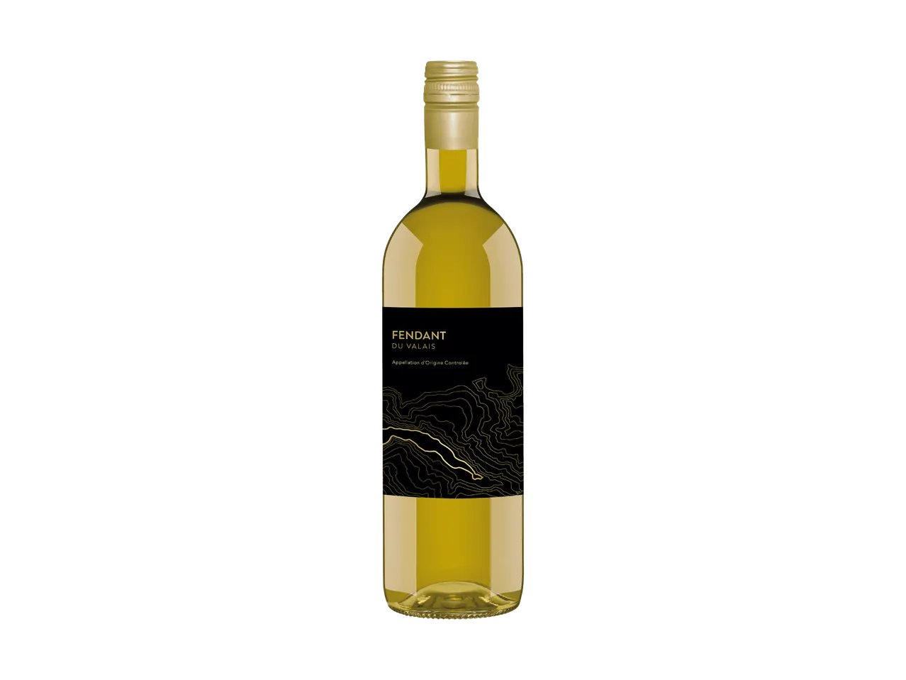 Bouteille de vin blanc Fendant du Valais avec une étiquette noire et des lignes topographiques dorées.
