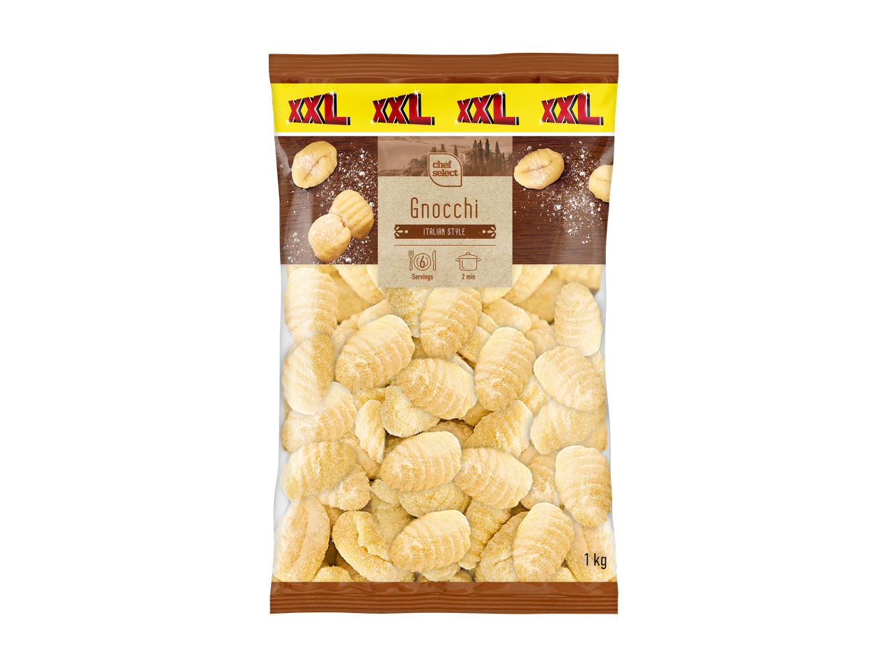 Gnocchis dans un sac transparent, étiqueté 'XXL' et 'Italian Style', 1 kg, 6 portions, 2 min.