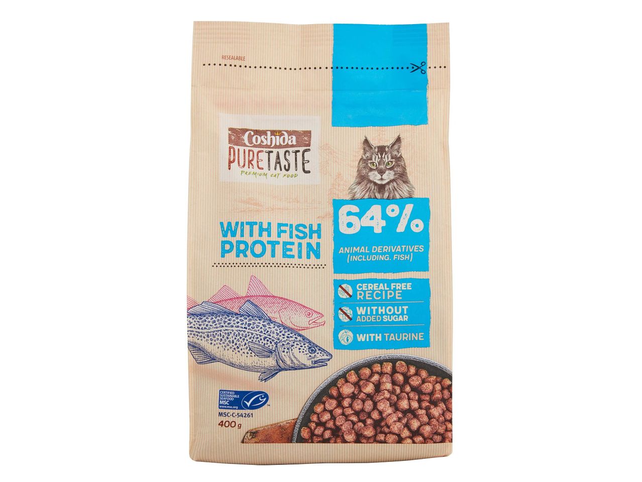 Coshida PureTaste: macskaeledel 64% halproteinekkel, gabona- és cukormentes.