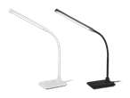 Zwei moderne LED Schreibtischlampen, eine in Weiß und eine in Schwarz.